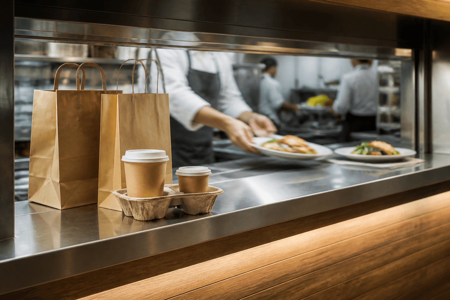 Takeaway ready on a modern kitchen pass